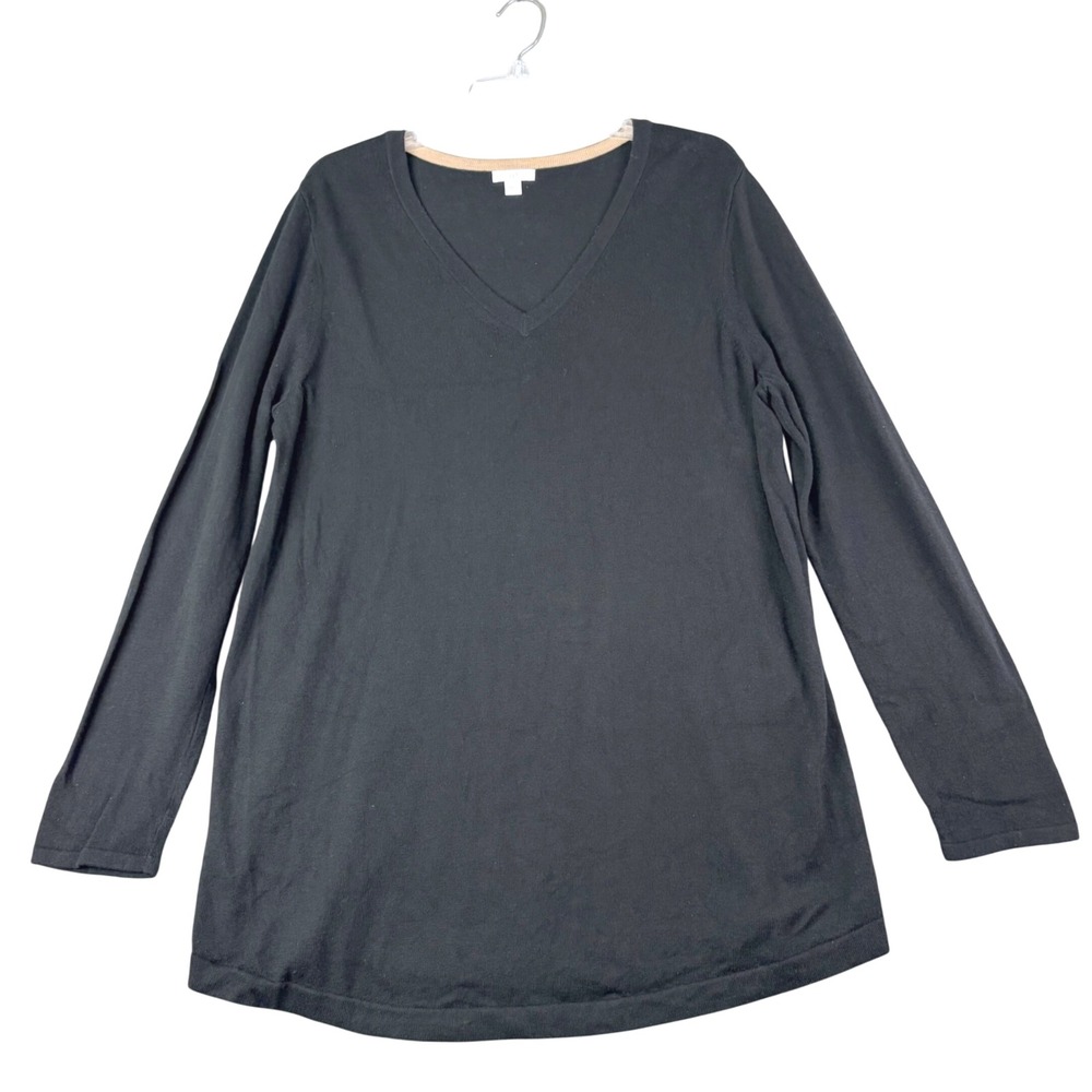 J. Jill L Black V-Neck Long Sleeve Tunic Sweater Contrast Trim Minimalist Casual